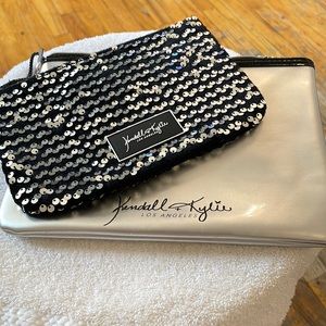 Kendall & Kylie Los Angeles 2 Piece Makeup Case Bag Set Sequins Black Silver